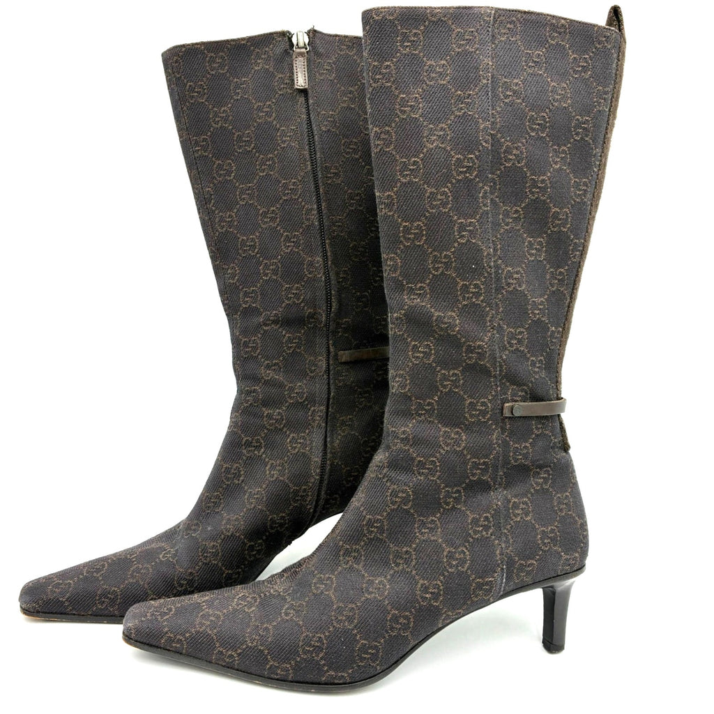 8.5 Gucci Tom Ford Vintage Brown Canvas GG Mid-Calf Boots