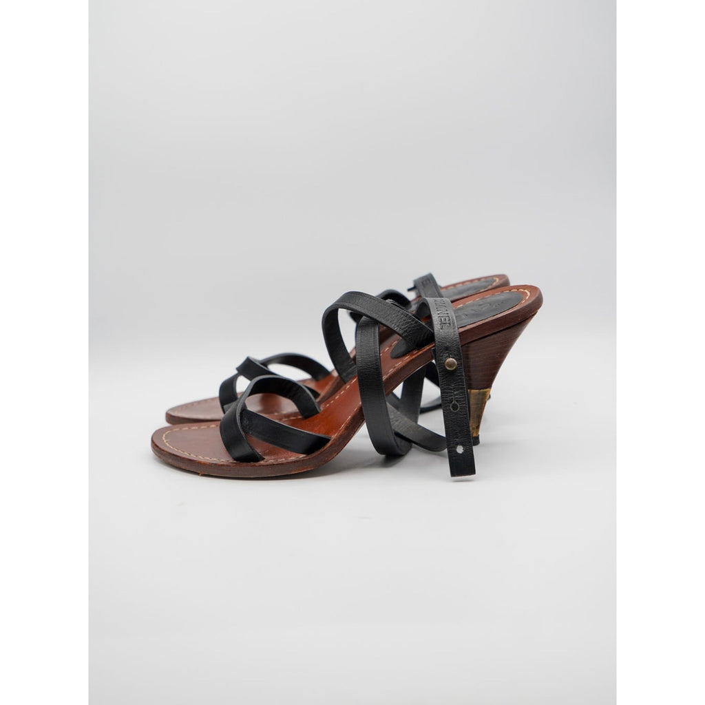 Vintage Black Leather Interlocking CC Strappy Sandals