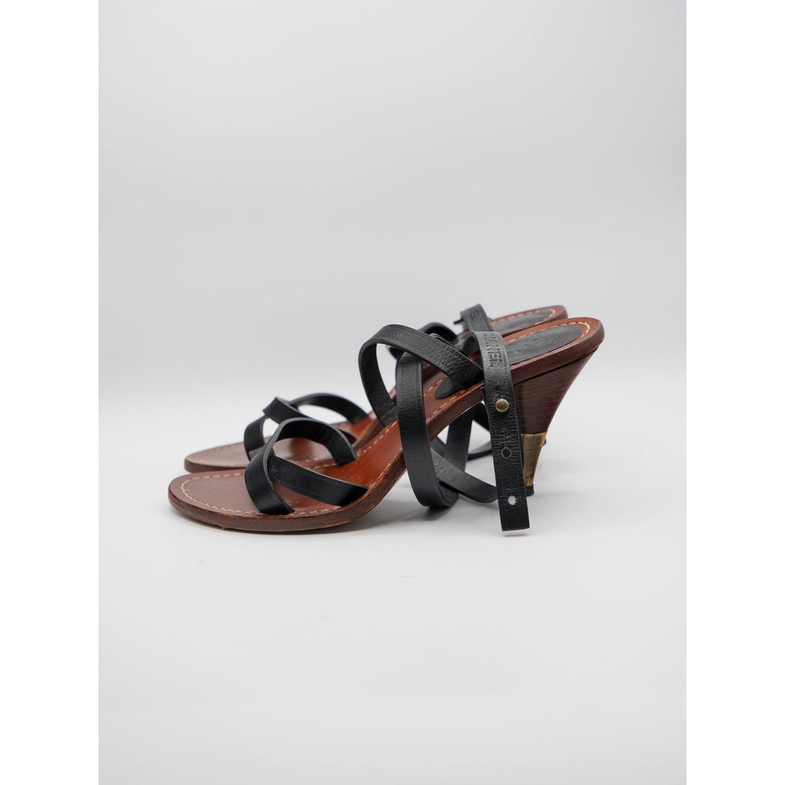 Vintage Black Leather Interlocking CC Strappy Sandals