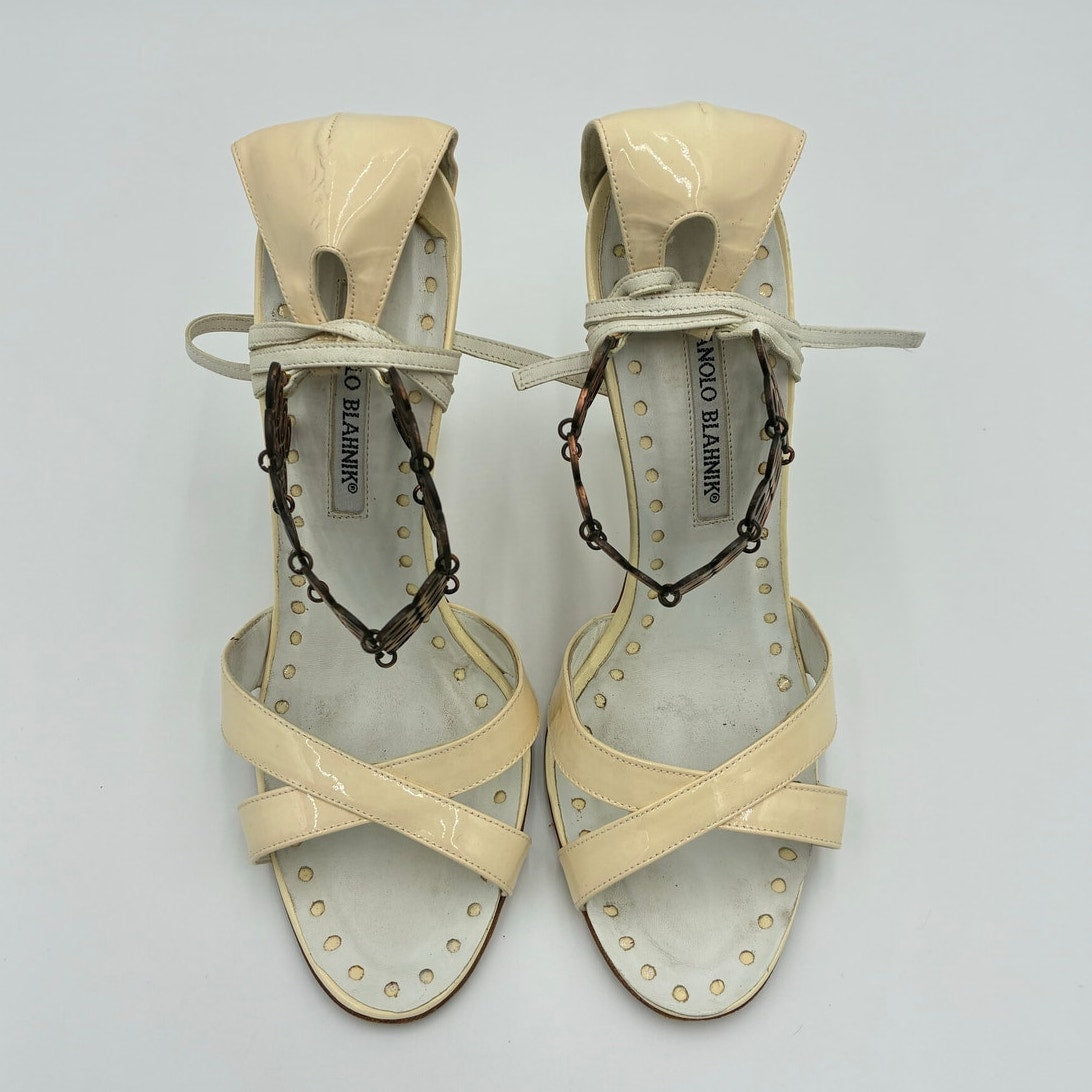 White Patent Leather & Bronzed Metal Wrap Sandals Heels