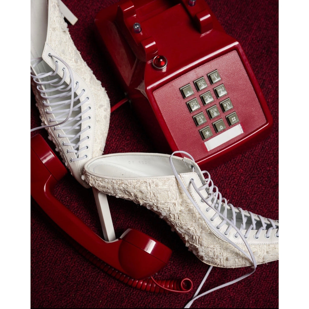 White Pointed-Toe Lace-Up Tweed Mules