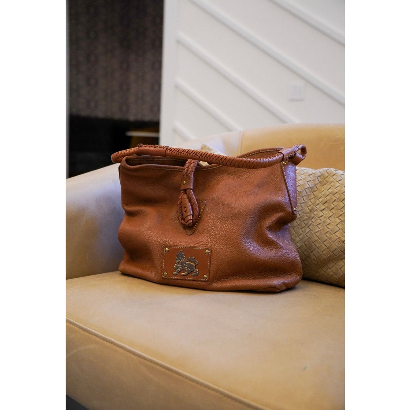 Vintage Brown Leather Braided Strap Hobo Bag