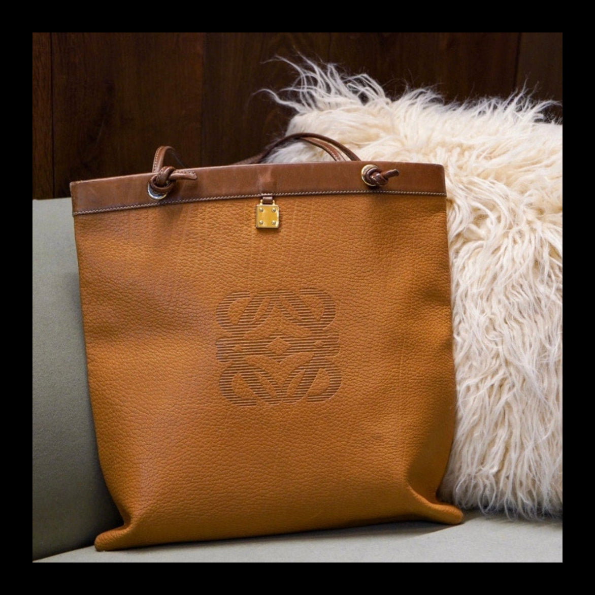 Anagram Brown Leather Tote Shoulder Bag Gold Hardware