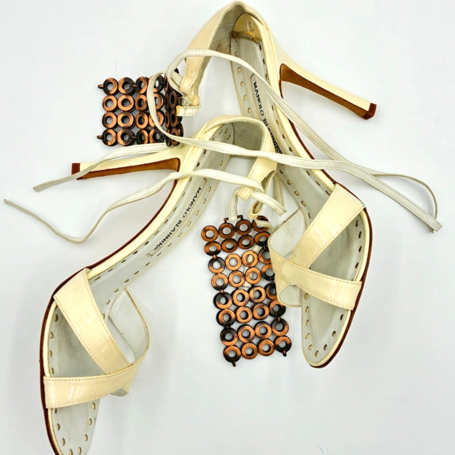 White Patent Leather & Bronzed Metal Wrap Sandals Heels