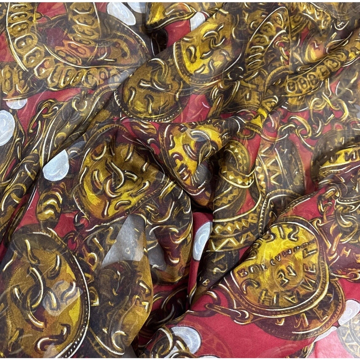 51" Vintage Silk Chain & Coin Red & Gold Square Scarf