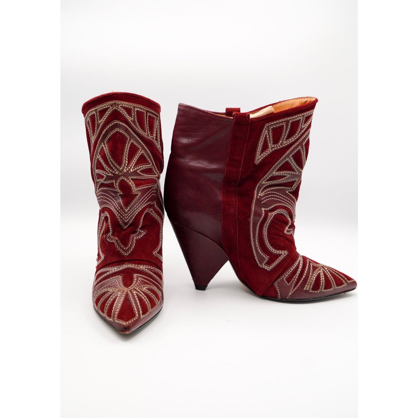 Suede & Leather Red Embroidered Ankle Bootie