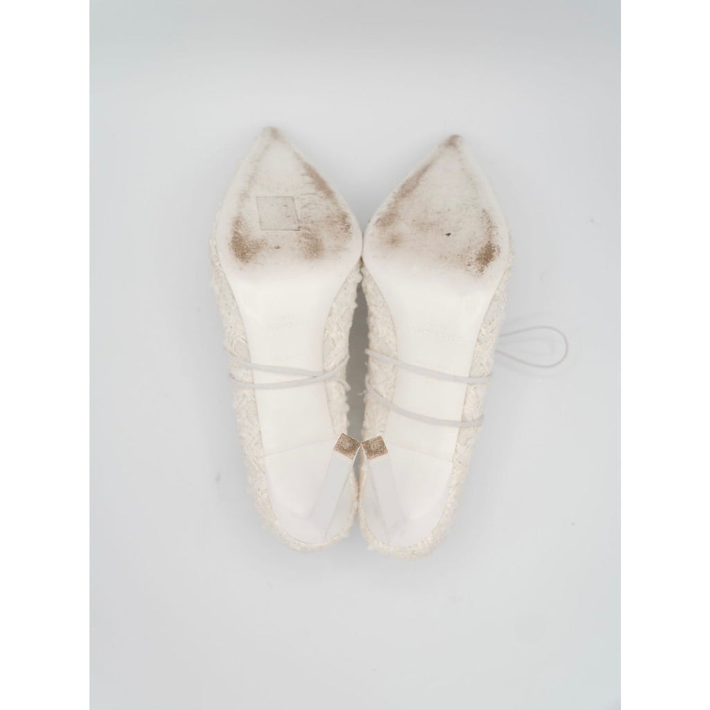 White Pointed-Toe Lace-Up Tweed Mules