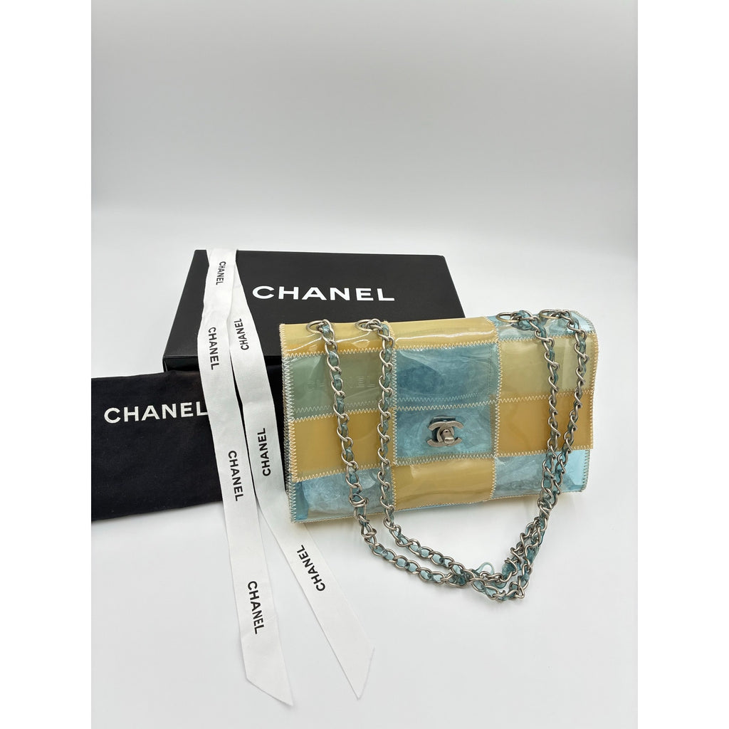 CC Chocolate Bar Blue/Beige Chain Shoulder Bag