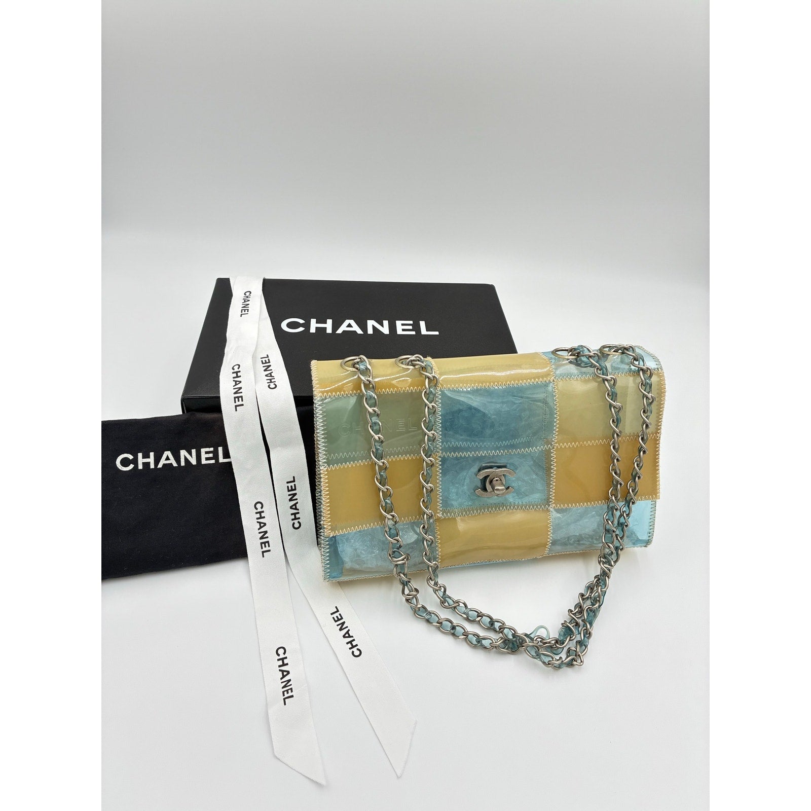 CC Chocolate Bar Blue/Beige Chain Shoulder Bag