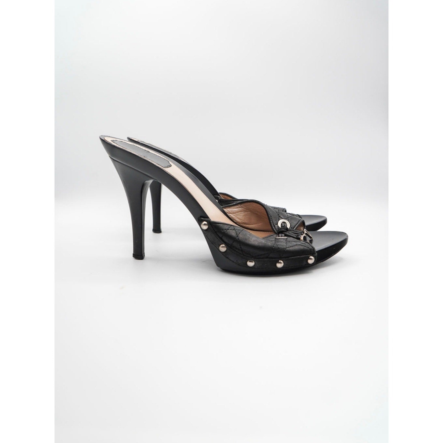 Vintage Black Quilted Open-Toe Mules CD Charm