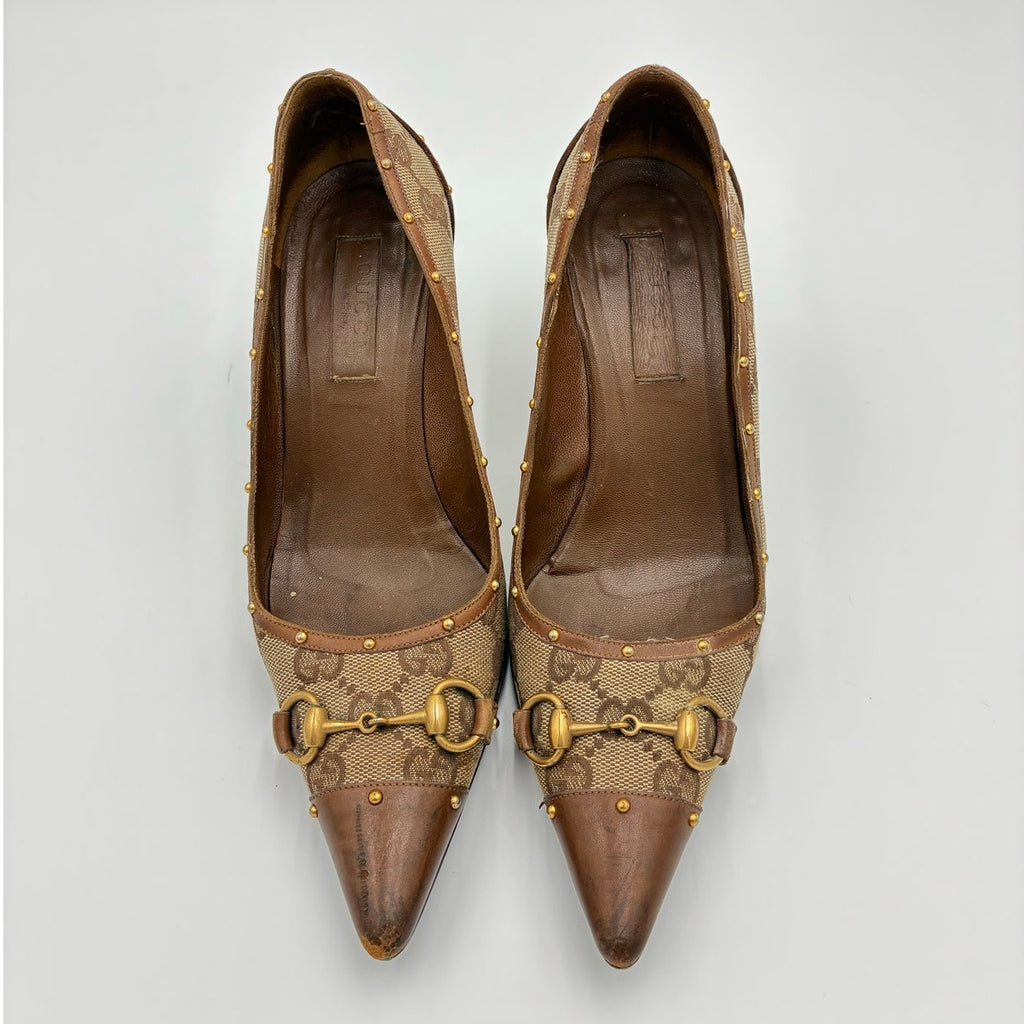 5.5 GG Canvas Horsebit Studded Pumps Brown Leather Trim
