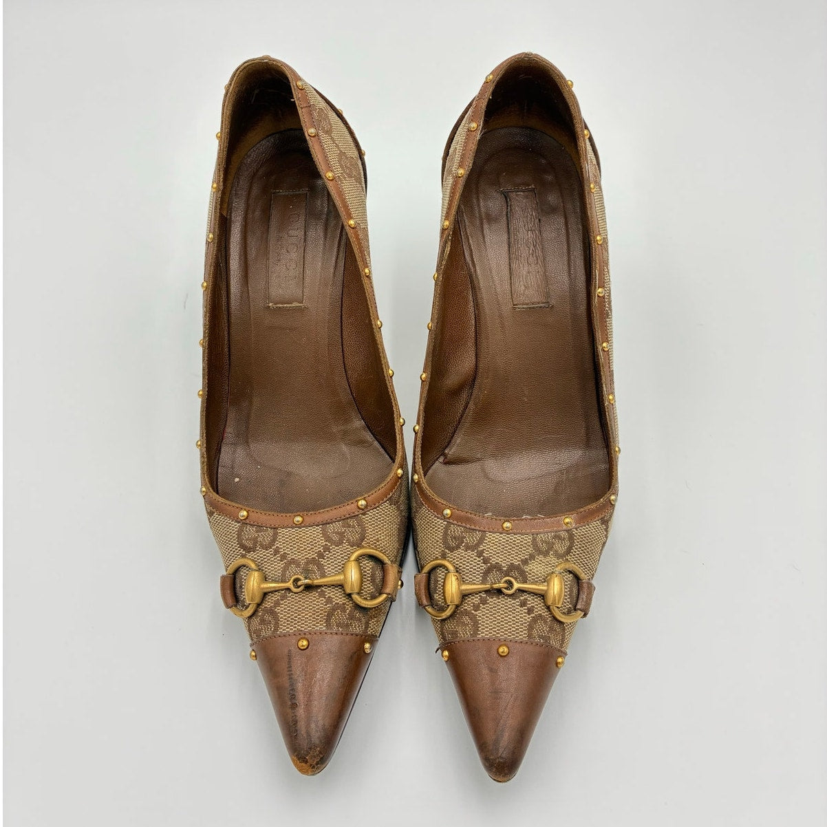 GG Canvas Horsebit Studded Pumps Brown Leather Trim