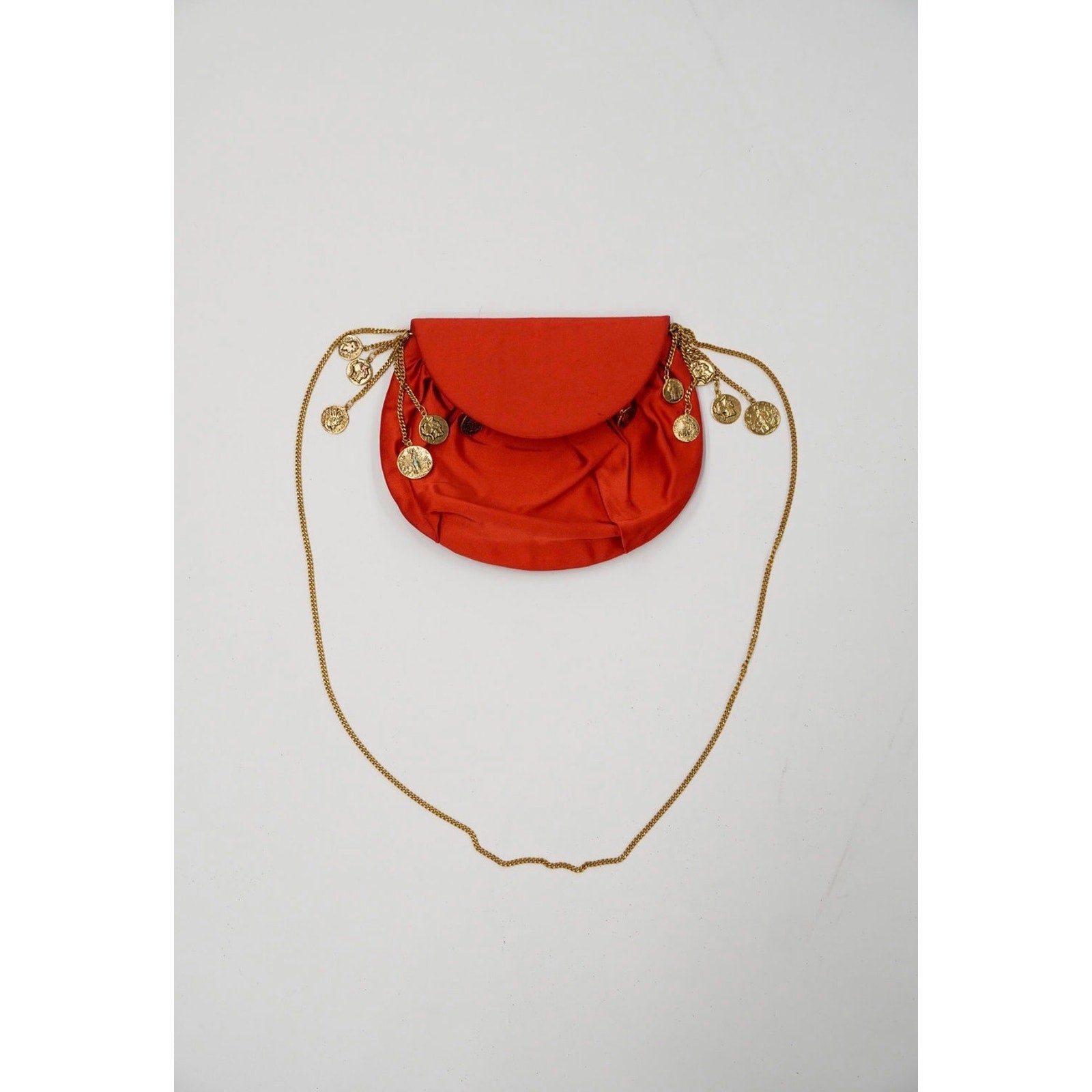 Vintage Red Satin Gold Coin Charm Chain Shoulder Bag