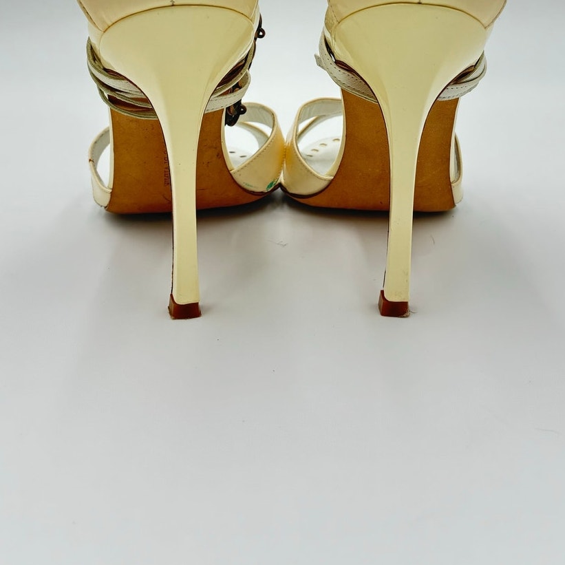 White Patent Leather & Bronzed Metal Wrap Sandals Heels