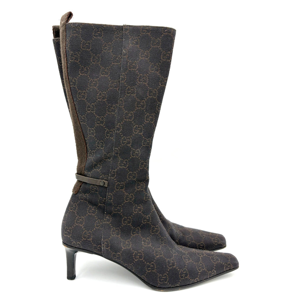 8.5 Gucci Tom Ford Vintage Brown Canvas GG Mid-Calf Boots