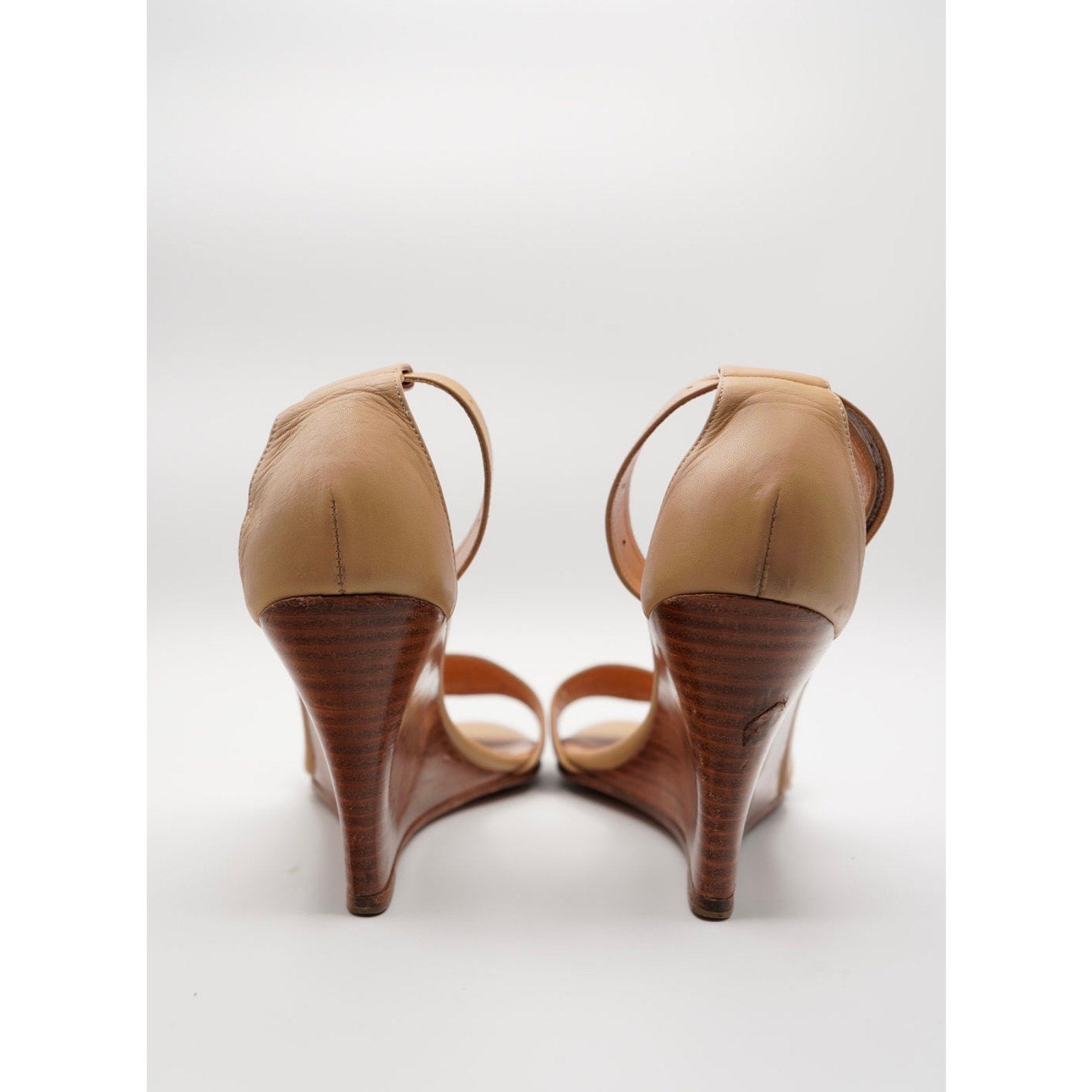 H Logo Nude Leather Wrap Wedge Sandals