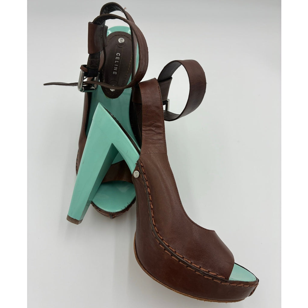 37 Vintage Brown Leather Slingback Platform Heels