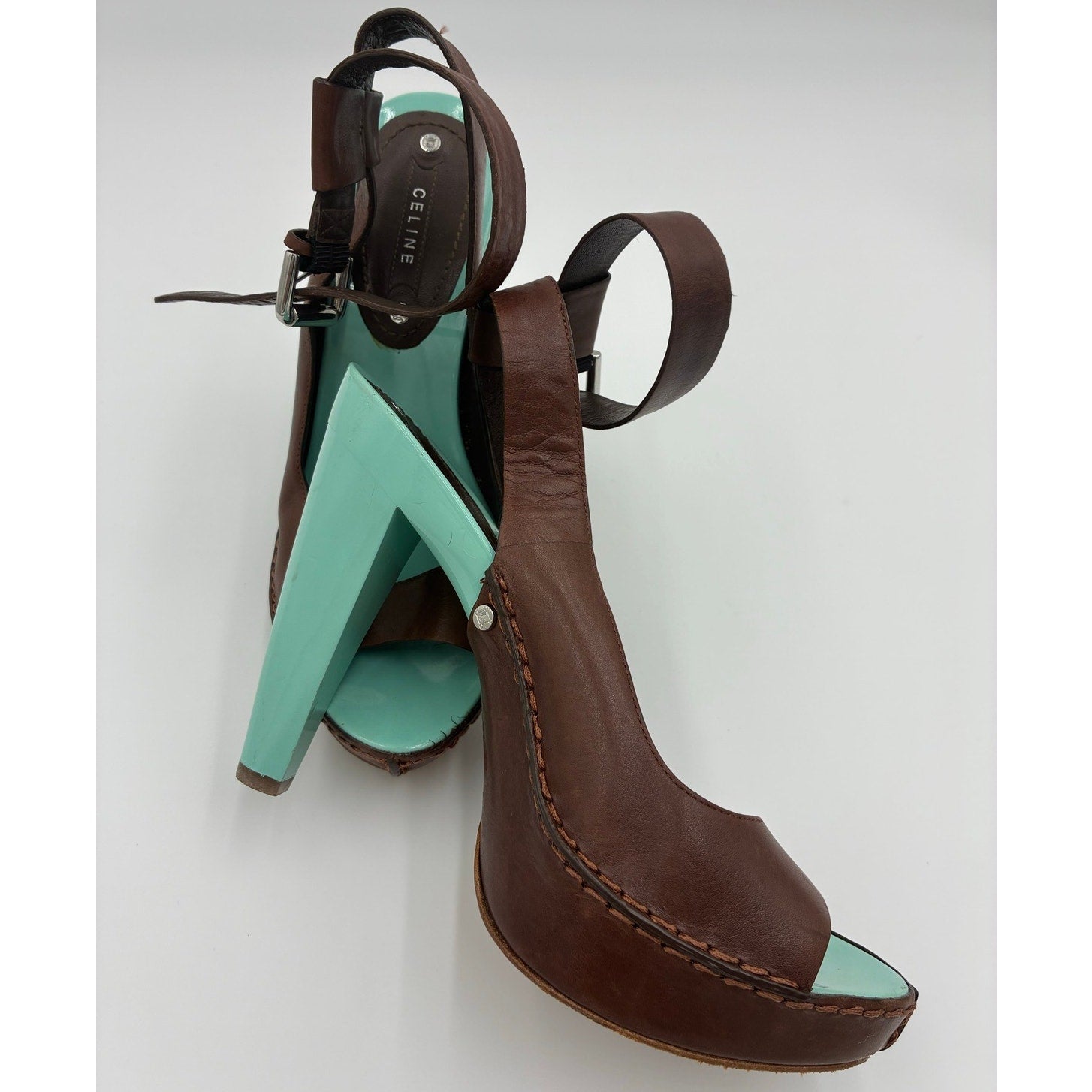 37 Vintage Brown Leather Slingback Platform Heels