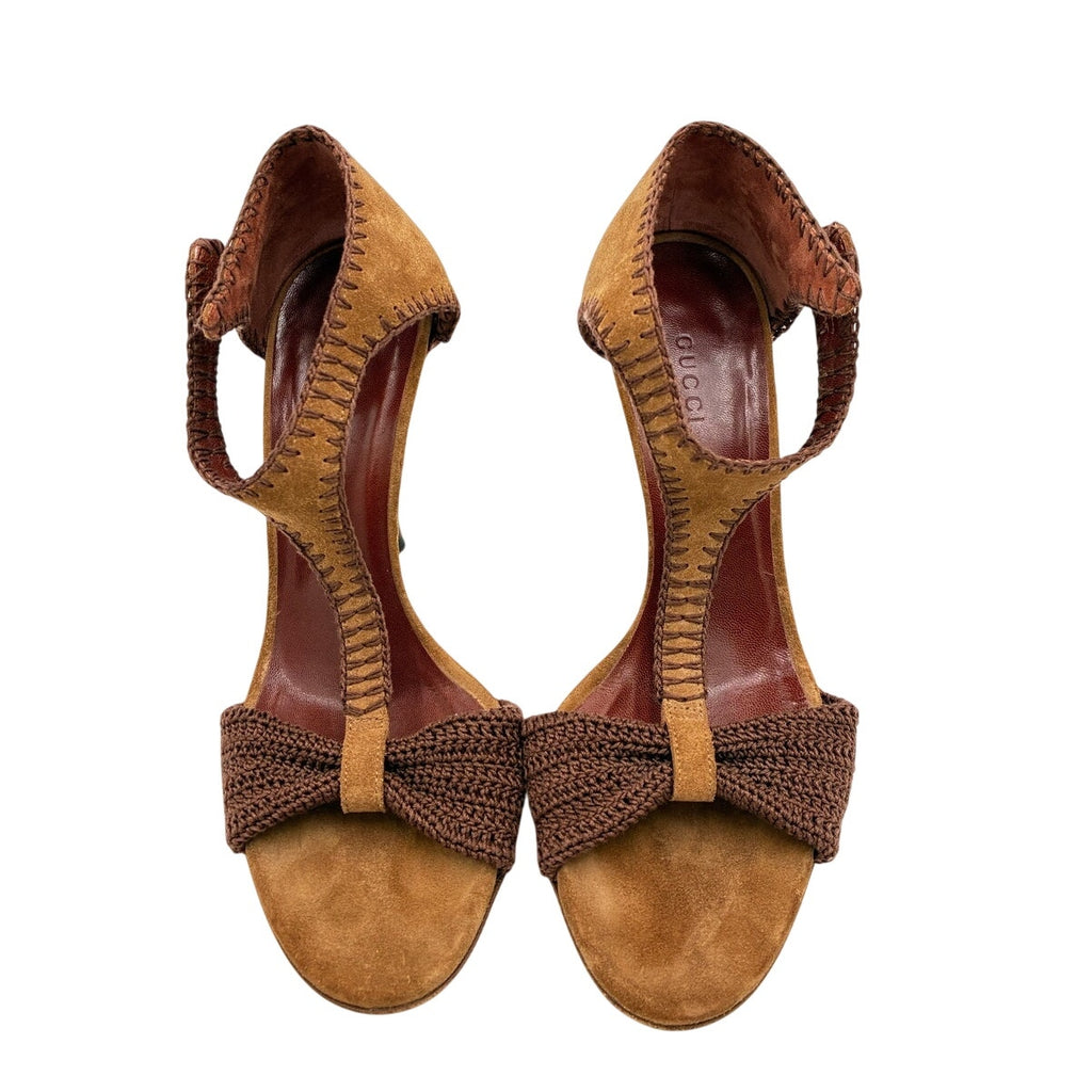 6 Vintage Brown Suede T-Strap Sandals Heels