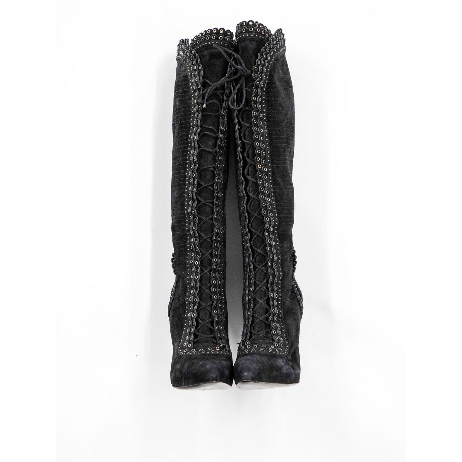 Vintage Black Suede Knee-High Lace-Up Boots by John Galliano