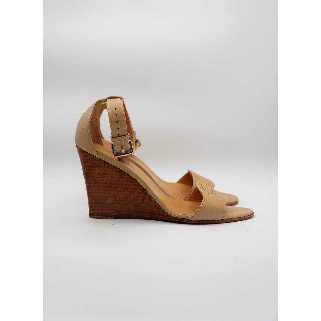 H Logo Nude Leather Wrap Wedge Sandals
