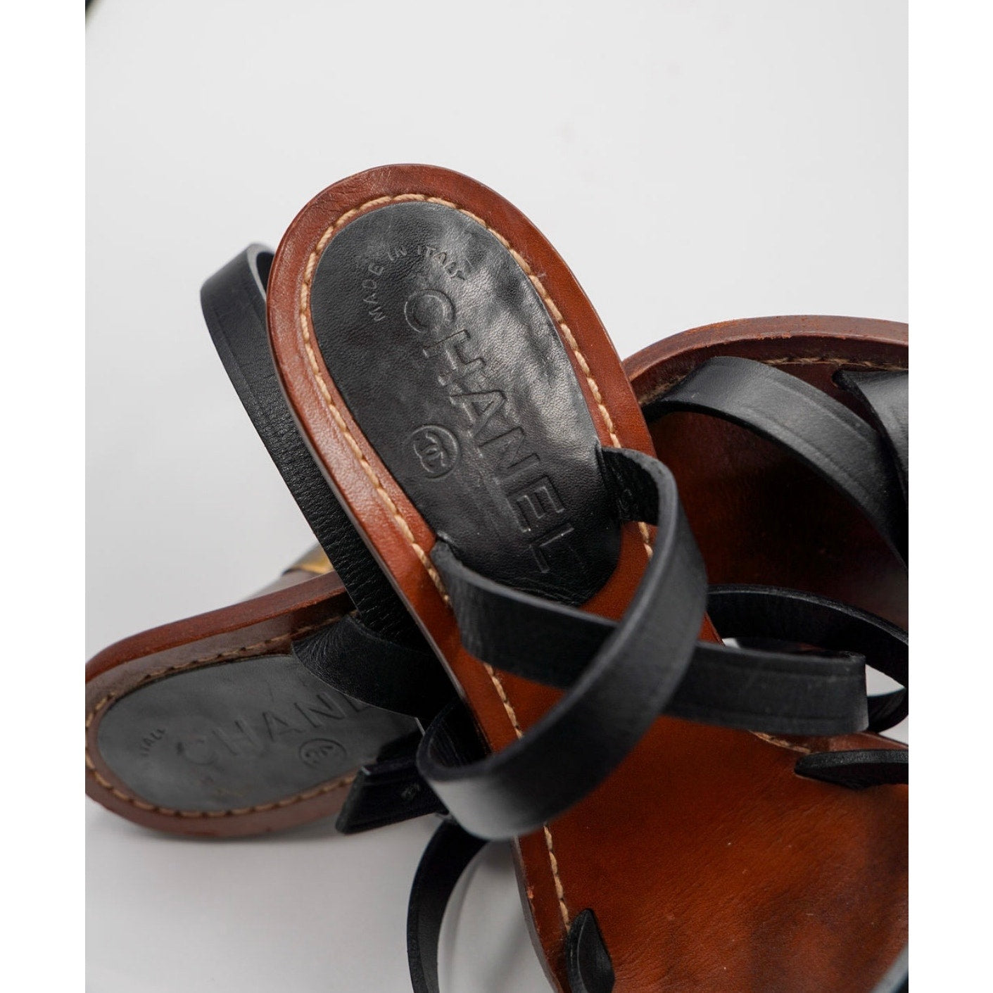 Vintage Black Leather Interlocking CC Strappy Sandals