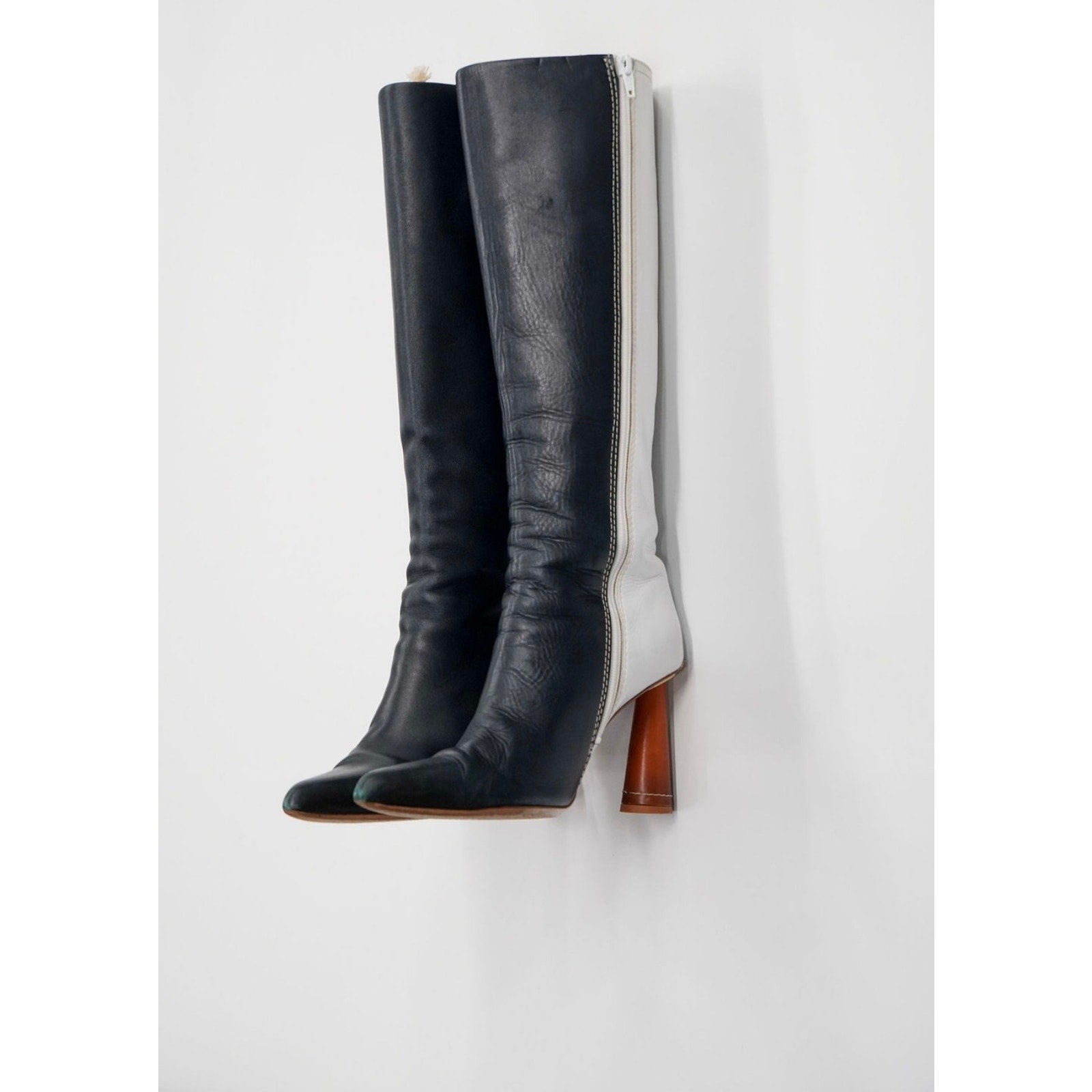 Blue & White Leather Knee-High Boots