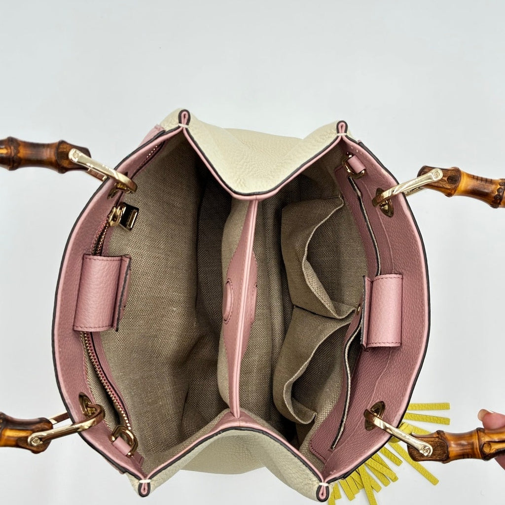 Bamboo Shopper Satchel Pink & White Leather Bag