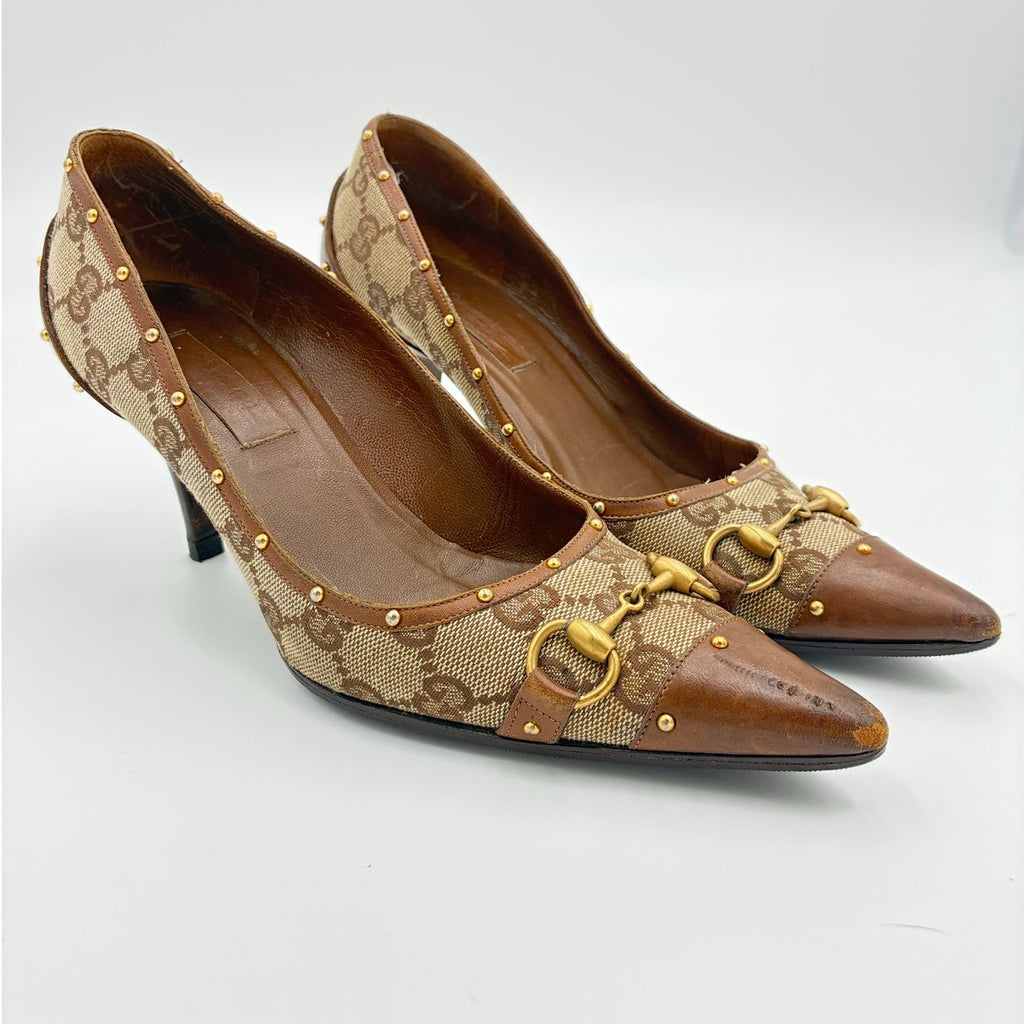 5.5 GG Canvas Horsebit Studded Pumps Brown Leather Trim
