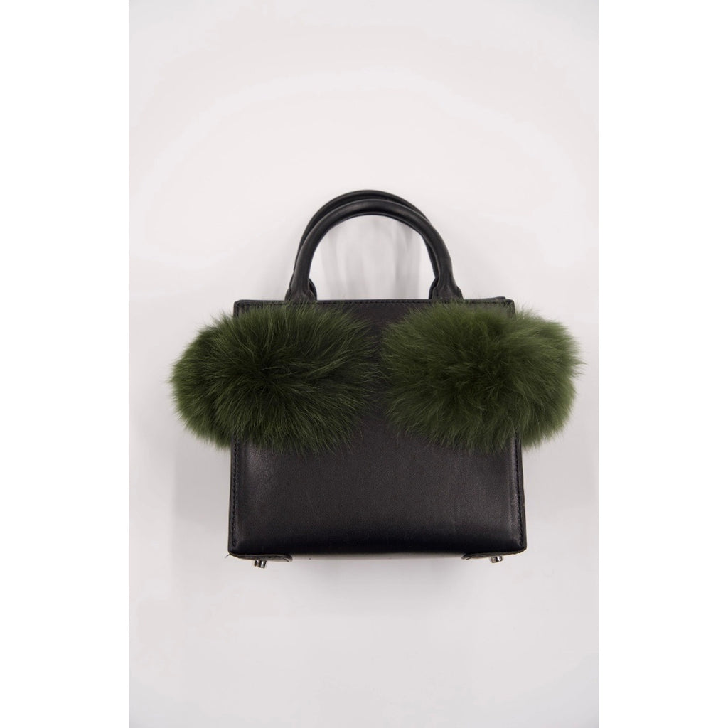 Mya Green Faux Fur Trimmed Black Leather Crossbody Bag