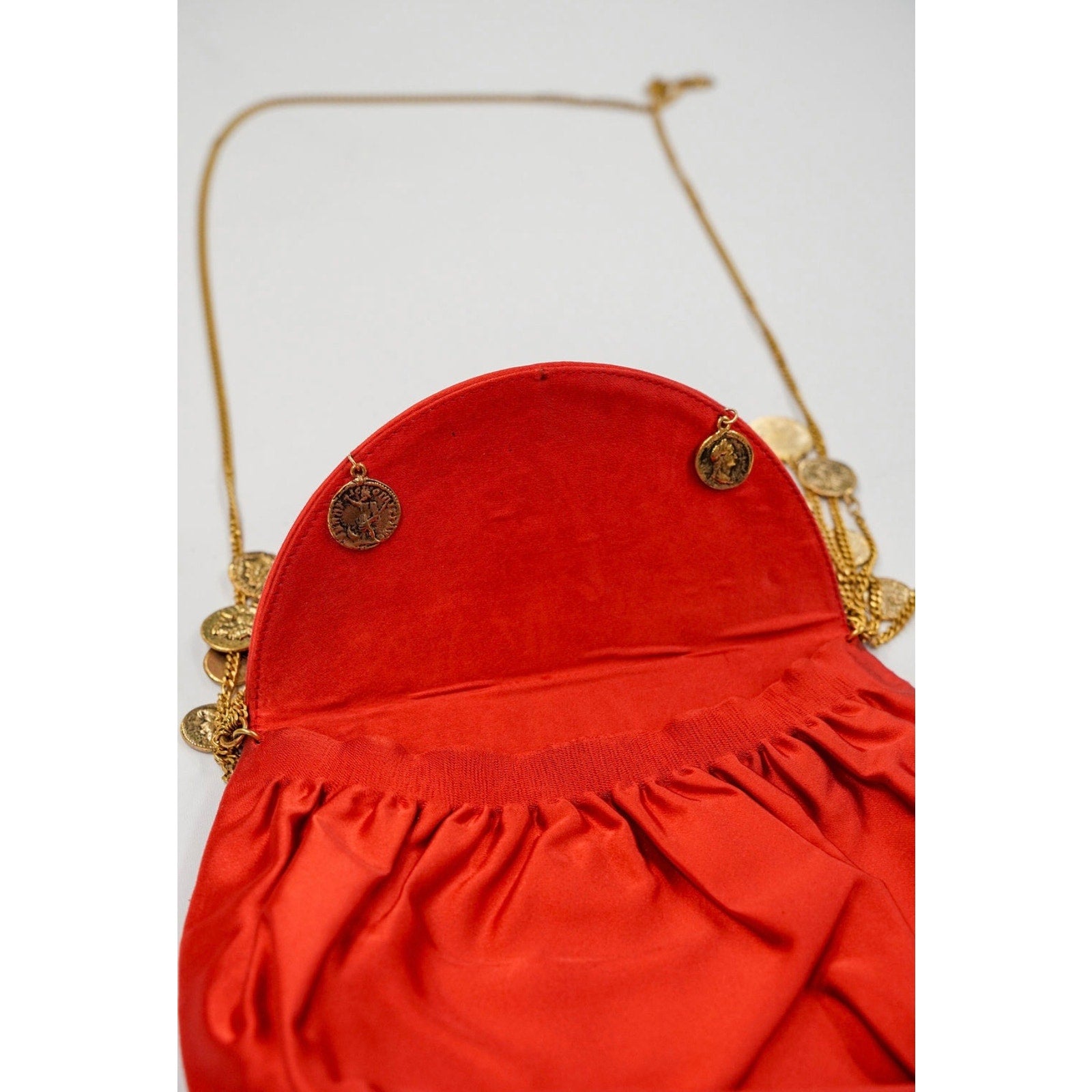 Vintage Red Satin Gold Coin Charm Chain Shoulder Bag