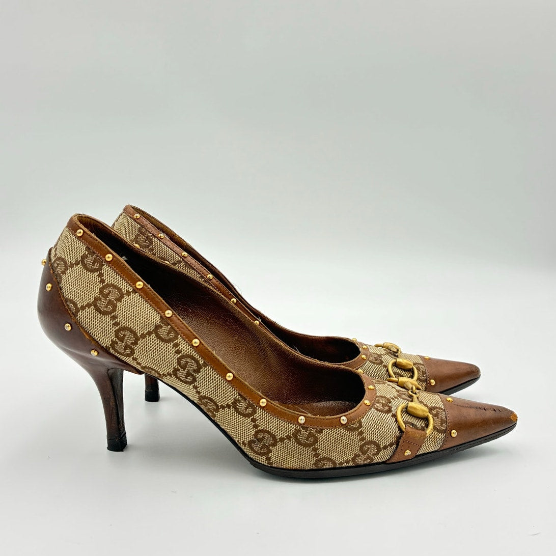 GG Canvas Horsebit Studded Pumps Brown Leather Trim