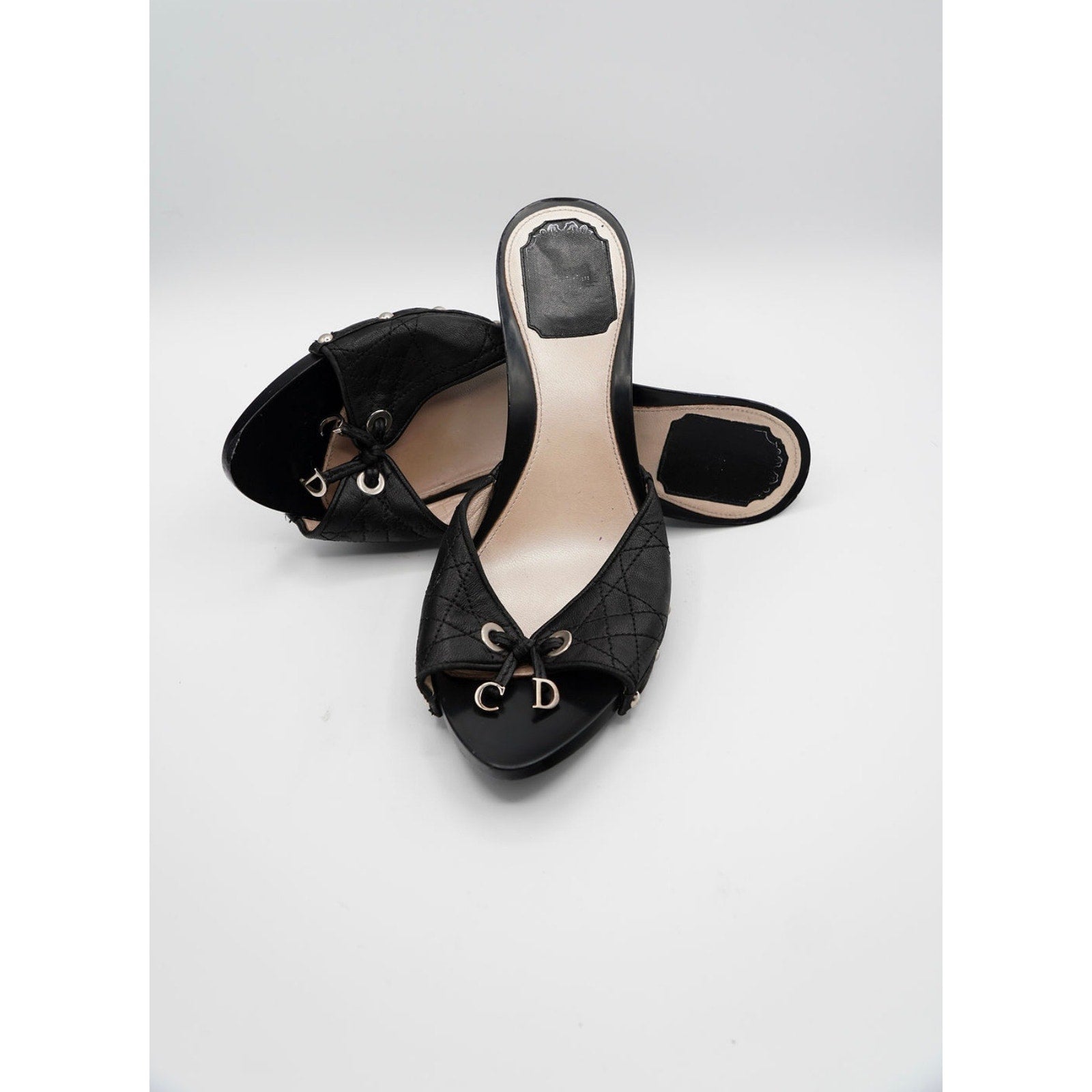 Vintage Black Quilted Open-Toe Mules CD Charm