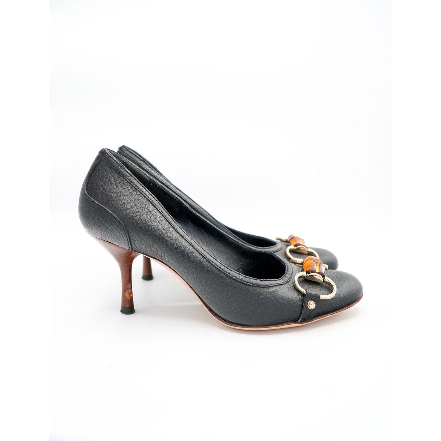 Vintage Black Bamboo Accent Leather Pumps