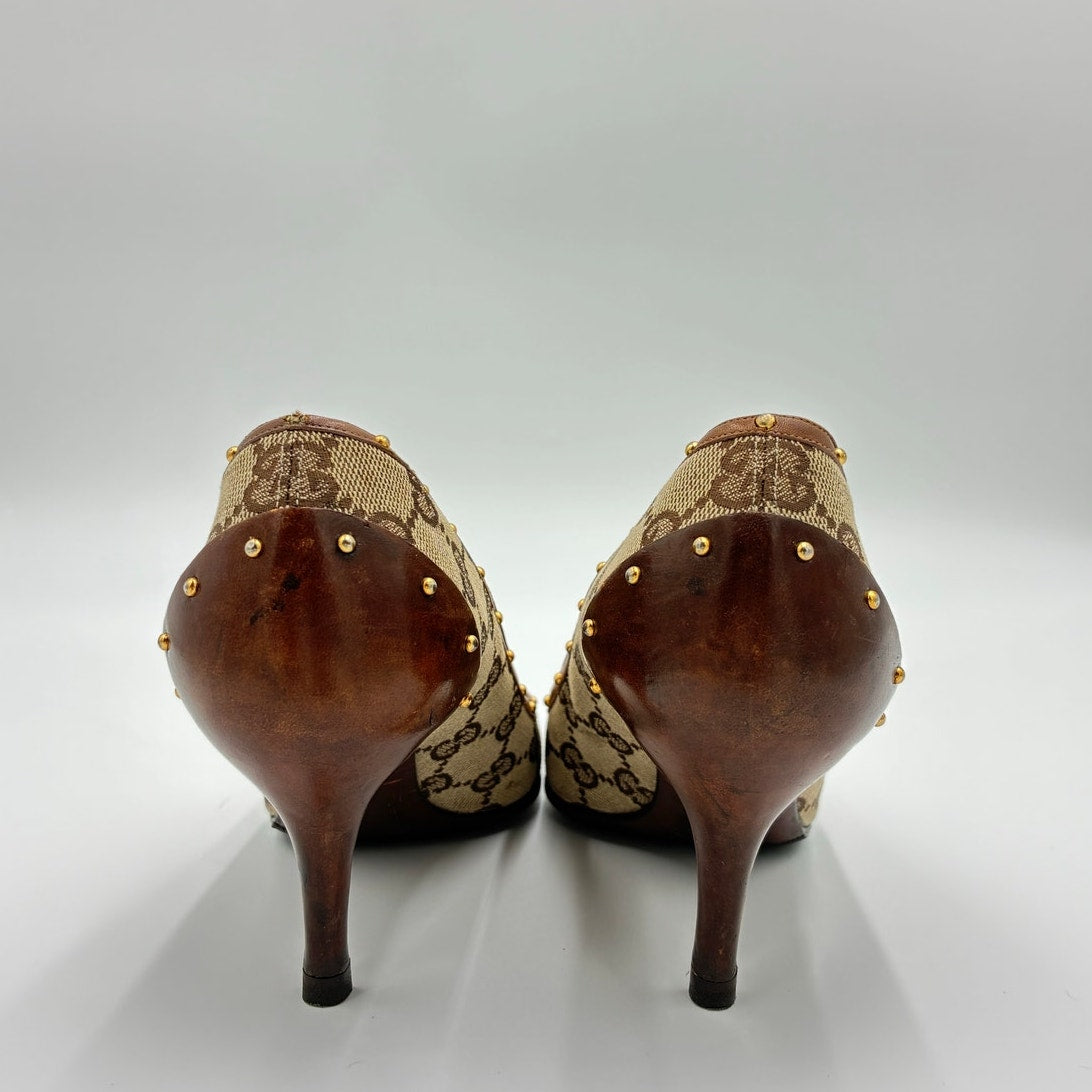 5.5 GG Canvas Horsebit Studded Pumps Brown Leather Trim