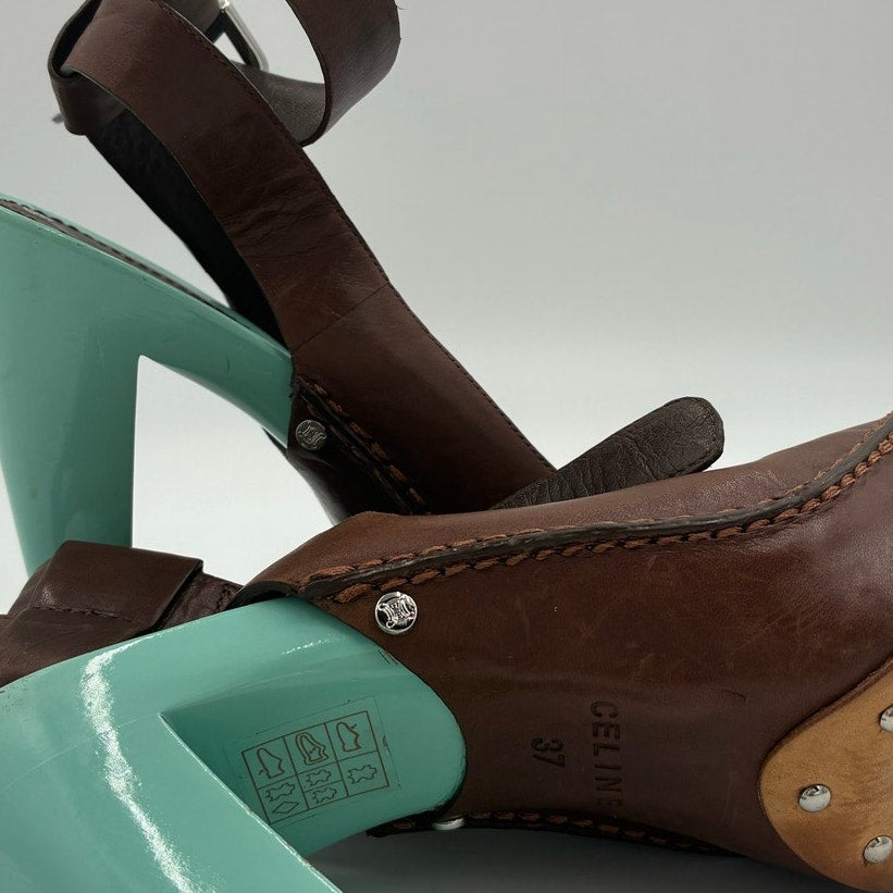 37 Vintage Brown Leather Slingback Platform Heels