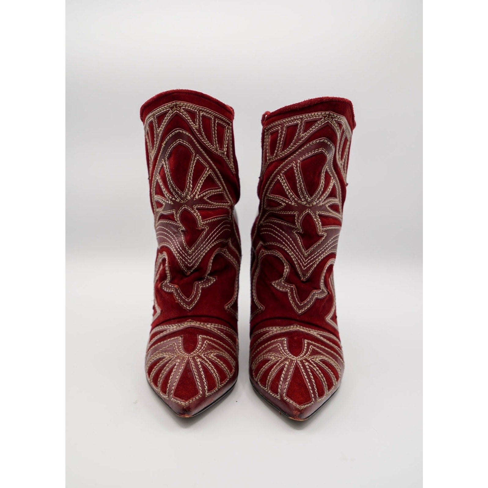 Suede & Leather Red Embroidered Ankle Bootie
