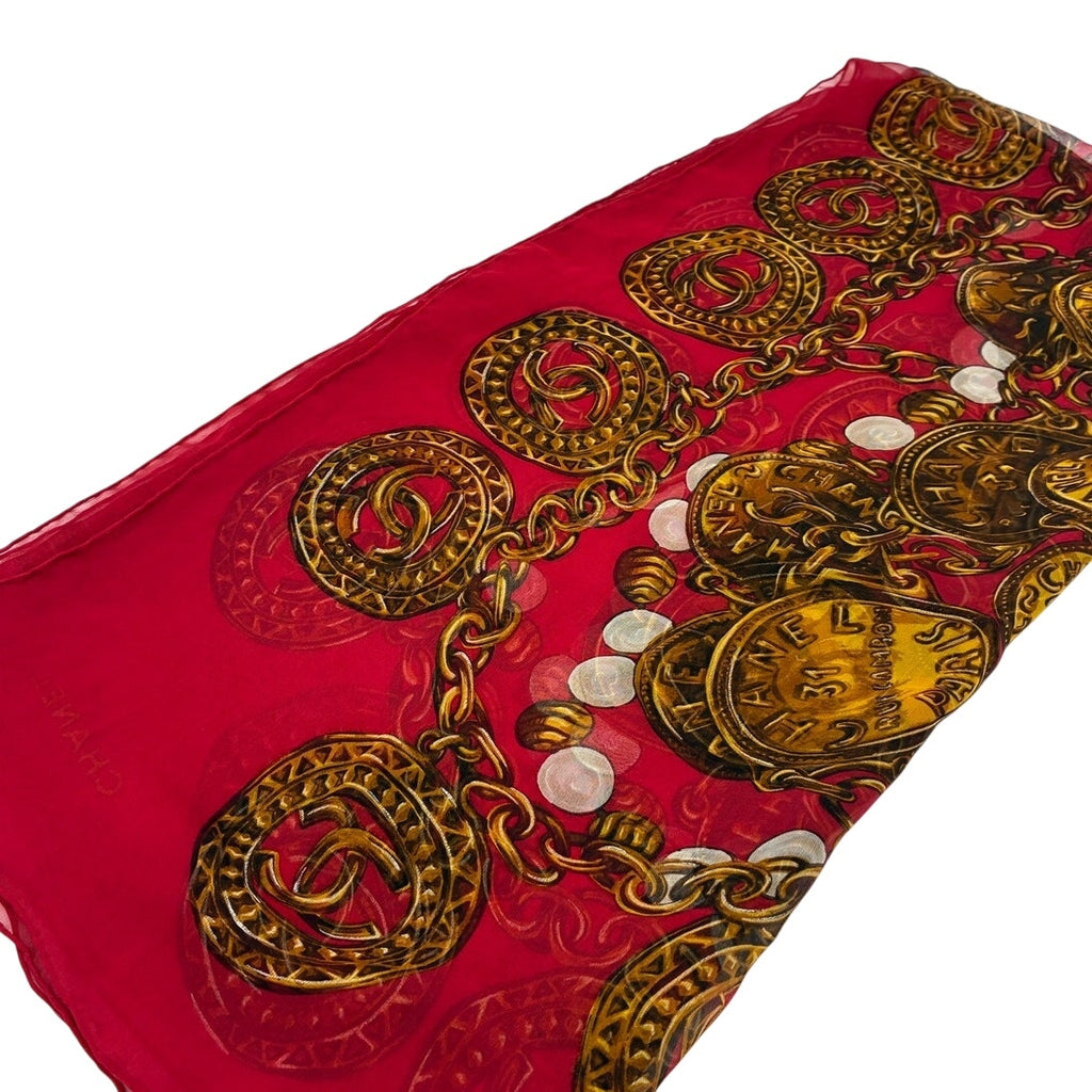 51" Vintage Silk Chain & Coin Red & Gold Square Scarf