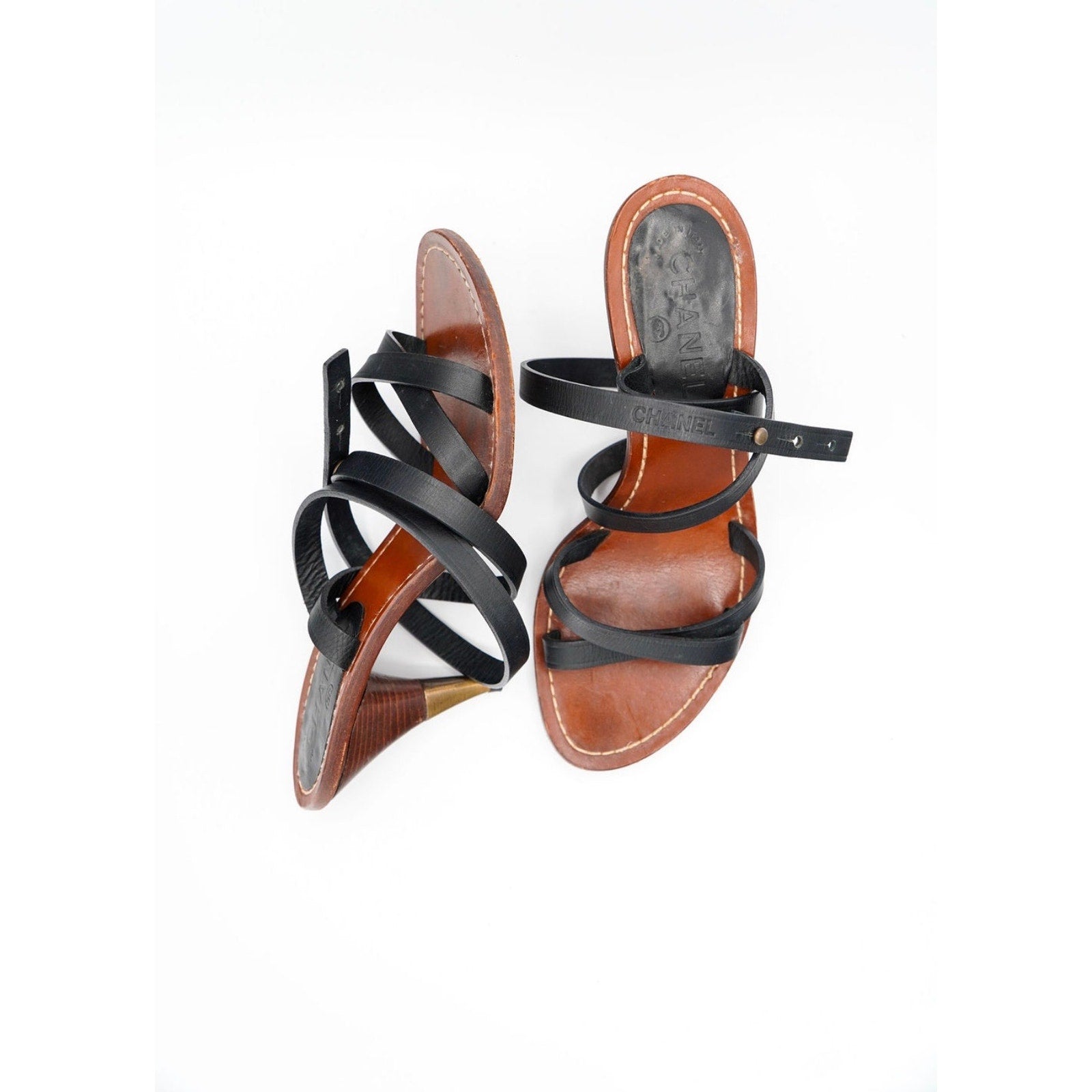 Vintage Black Leather Interlocking CC Strappy Sandals