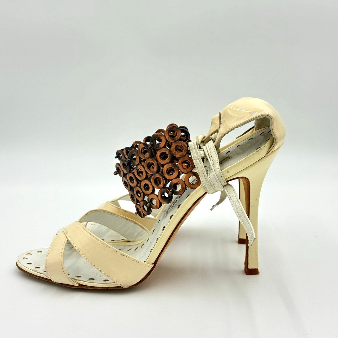 White Patent Leather & Bronzed Metal Wrap Sandals Heels