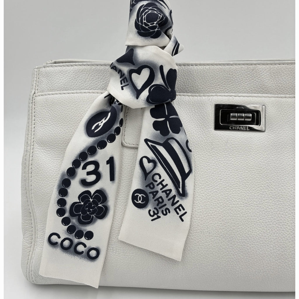 Executive Tote White Caviar Leather Silk CC Twilley