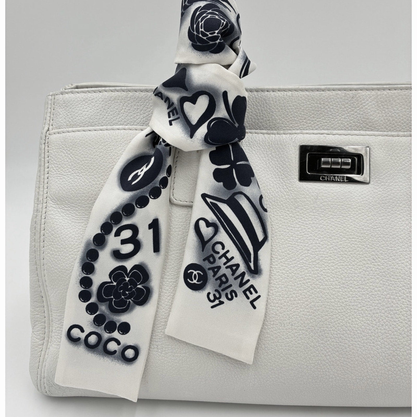 Executive Tote White Caviar Leather Silk CC Twilley
