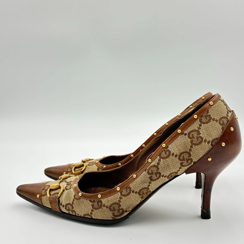 GG Canvas Horsebit Studded Pumps Brown Leather Trim