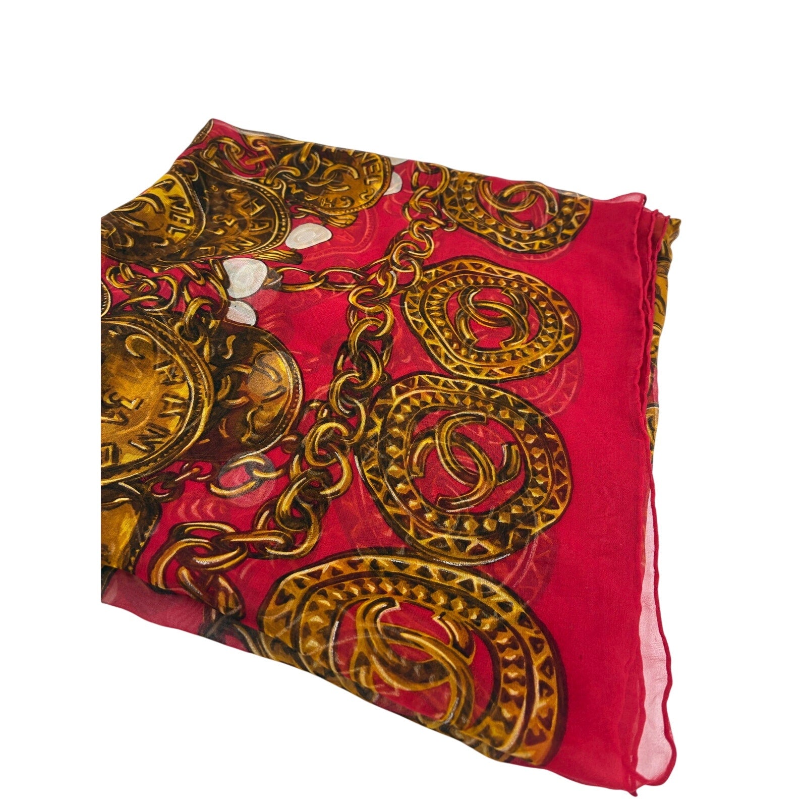 51" Vintage Silk Chain & Coin Red & Gold Square Scarf