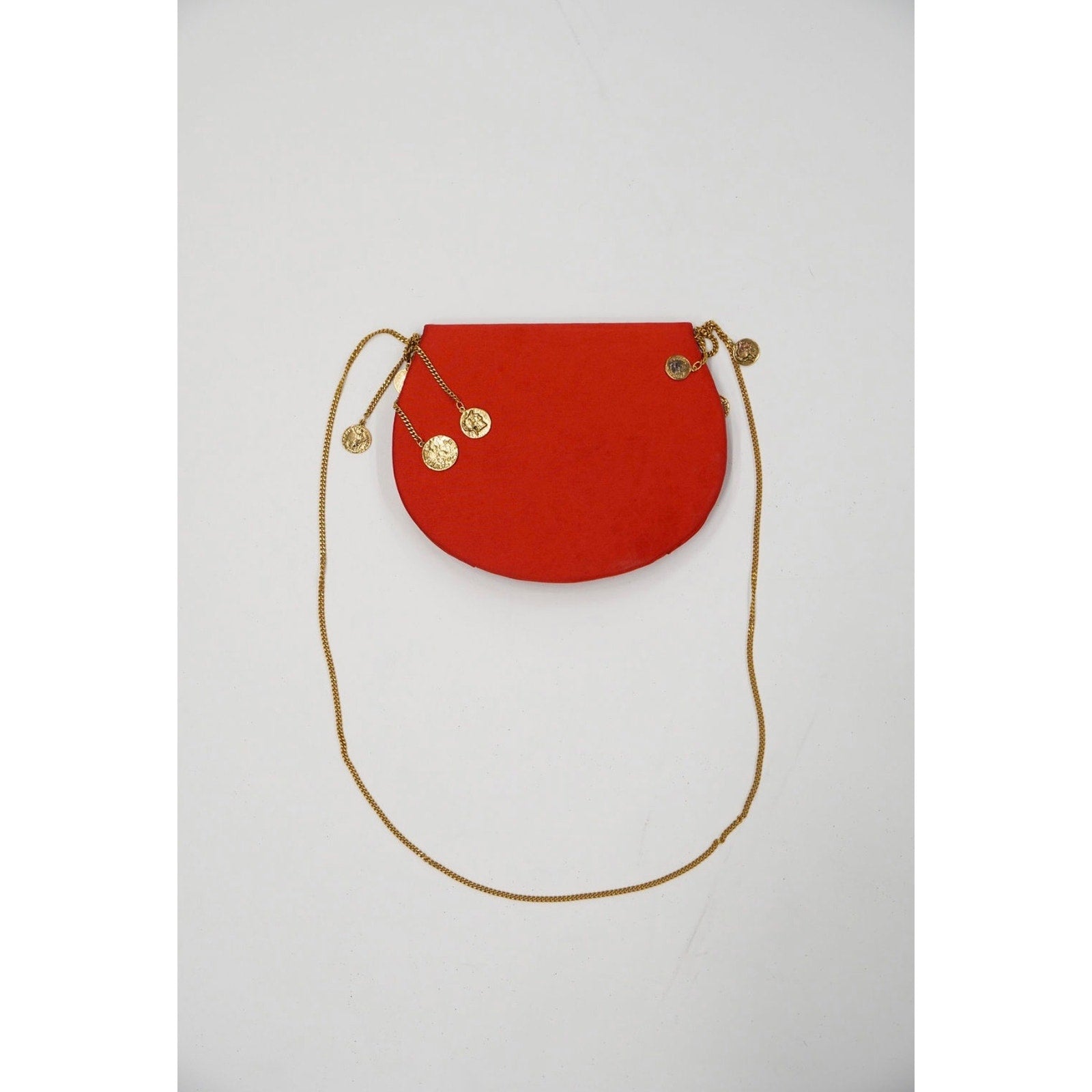 Vintage Red Satin Gold Coin Charm Chain Shoulder Bag