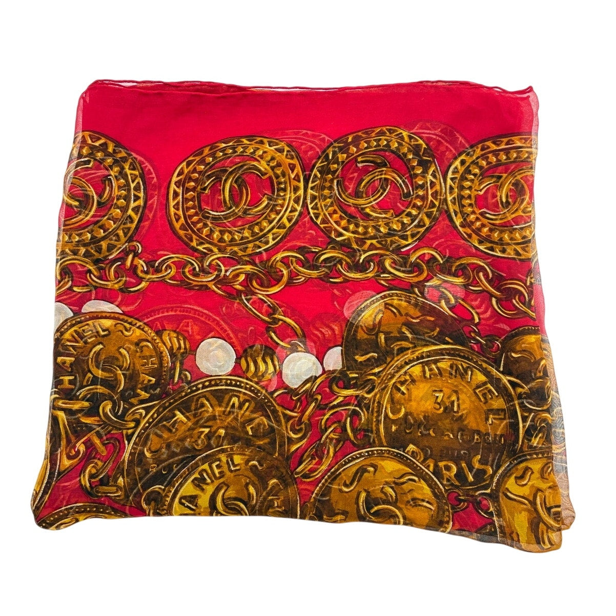 51" Vintage Silk Chain & Coin Red & Gold Square Scarf