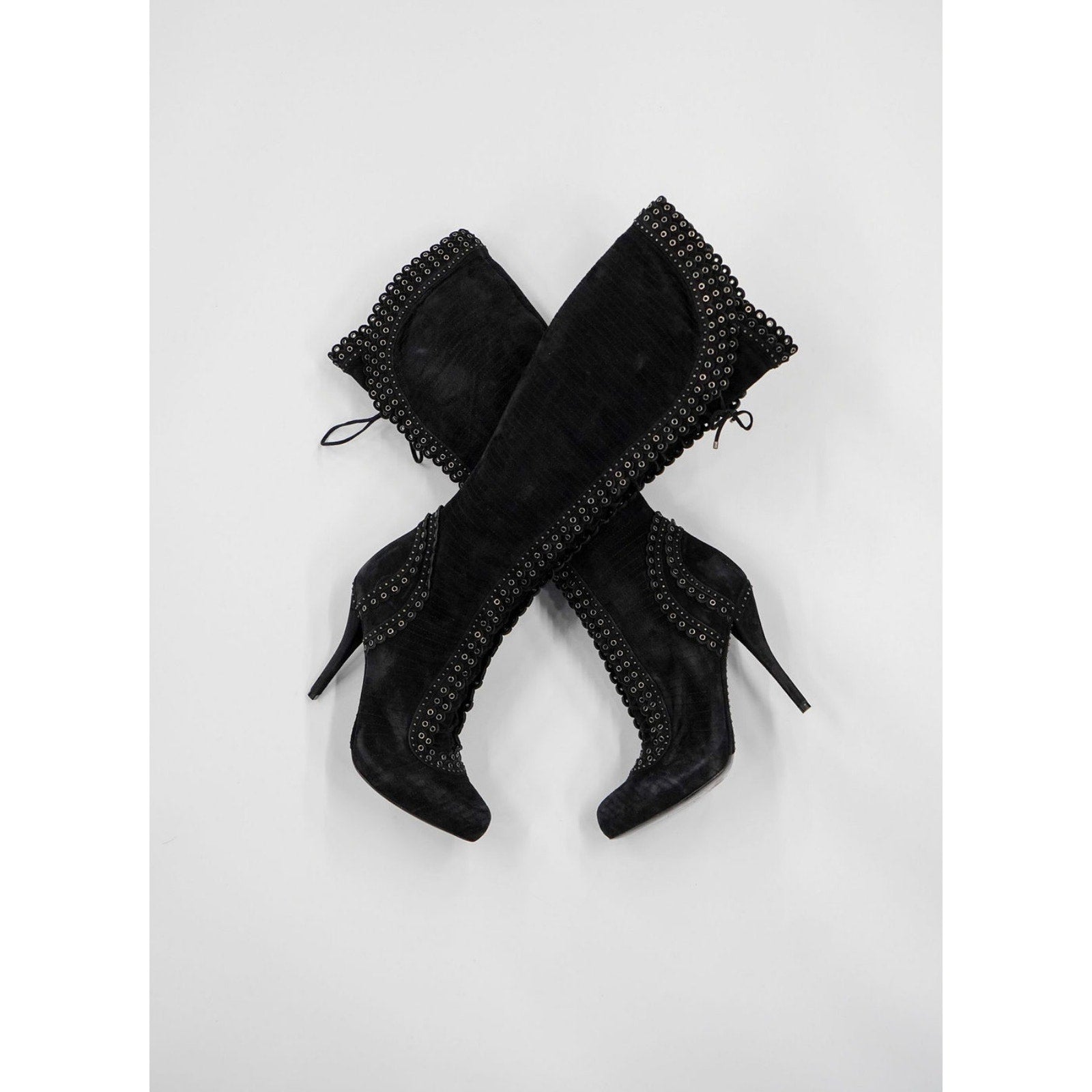 Vintage Black Suede Knee-High Lace-Up Boots by John Galliano