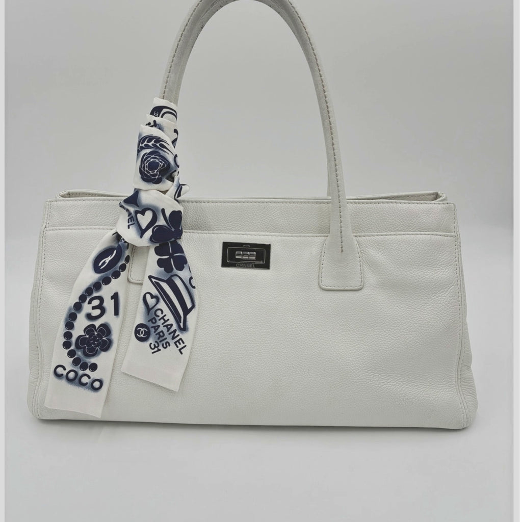 Executive Tote White Caviar Leather Silk CC Twilley