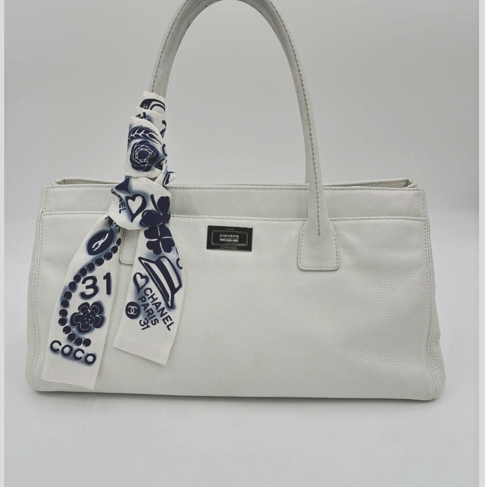 Executive Tote White Caviar Leather Silk CC Twilley
