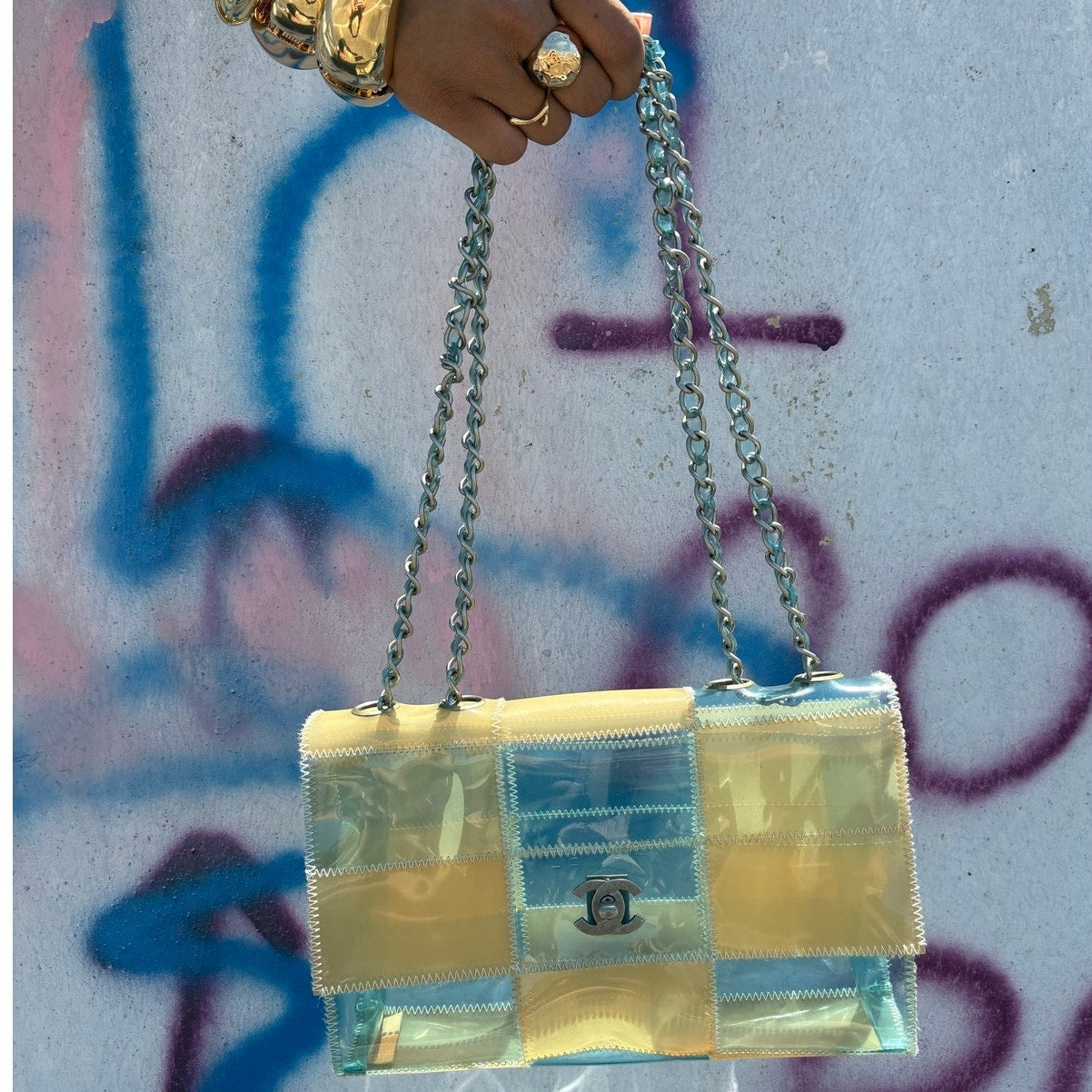 CC Chocolate Bar Blue/Beige Chain Shoulder Bag